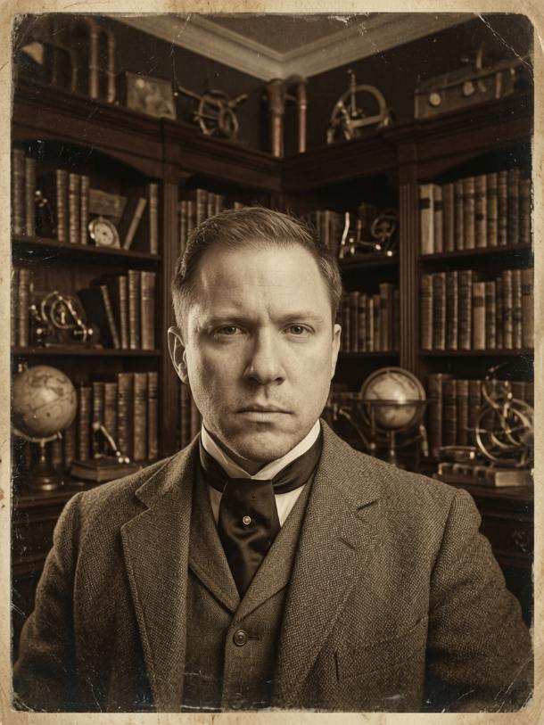 Vintage-style portrait of Joshua Beech in a suit, with bookshelves behind him
